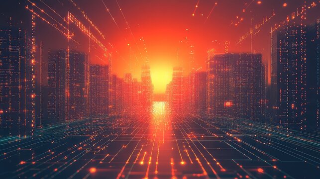 Digital city network transferring data at sunset