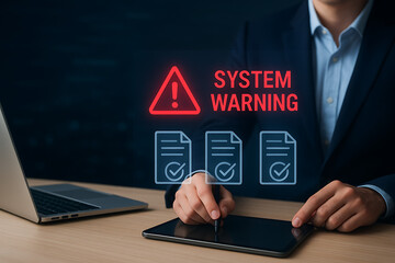 system warning and digital security audit concept with a red caution sign and document icons showing verified checks over a man using a stylus on a tablet