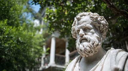 Stone monument in park featuring a white-bearded man bust with a house and blurred green foliage.  Architectural sculpture embodying history and nature's embrace in public art.
