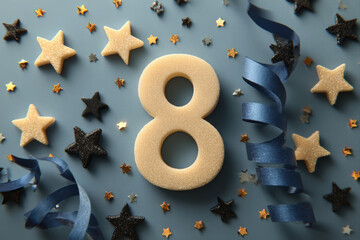 Countdown party props with stars, confetti, streamers, and glittery hat on white background