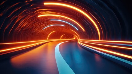 Futuristic speed tunnel with dynamic neon light trails