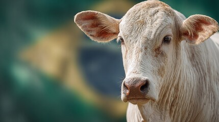 Portrait of a light-colored cow against a blurred backdrop reminiscent of the Brazilian flag, symbolizing agriculture and livestock farming in South America, with its soft fur.
