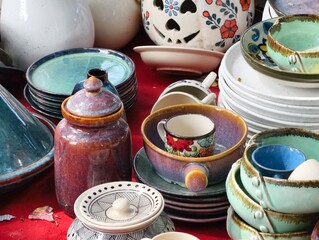 Hand made colorful ceramic pottery. Hand painted pottery. Traditional pottery fair in Pune, India.