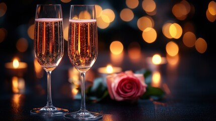 Romantic scene with champagne glasses, candlelight and rose, symbolizing love, celebration and elegance. Perfect for Valentine’s Day cards