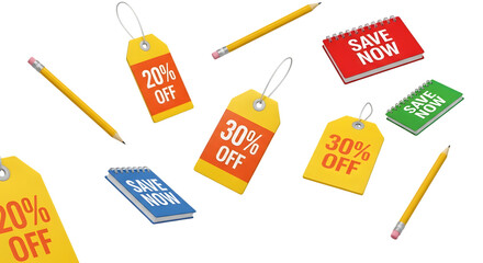 Back to school sale with tags and pencils isolated on transparent background