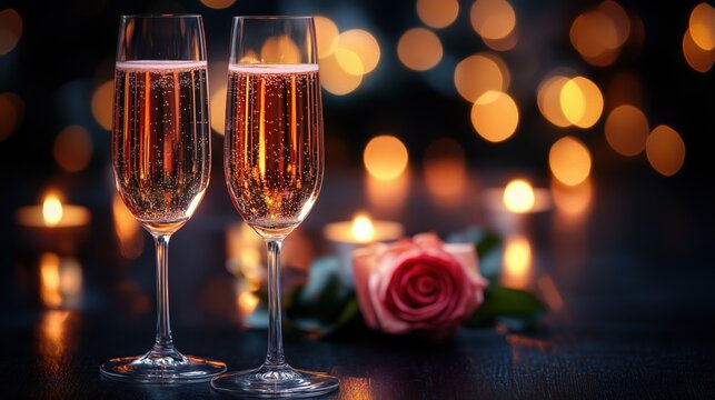 Romantic scene with champagne glasses, candlelight and rose, symbolizing love, celebration and elegance. Perfect for Valentine&rsquo;s Day cards
