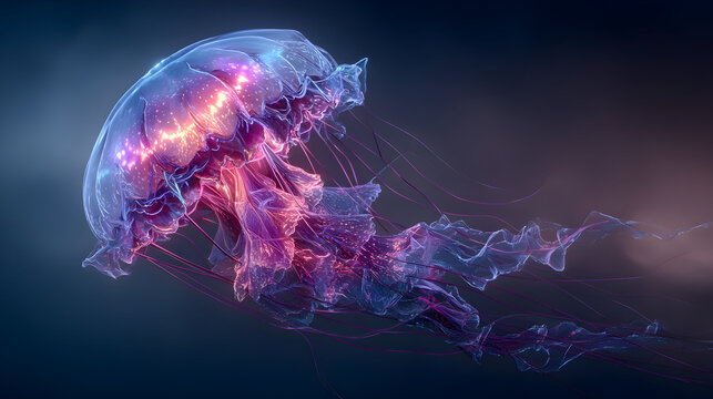 Ethereal bioluminescent jellyfish drifting in oceanic depths - perfect for marine themed designs