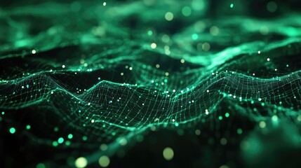 Green abstract digital network connecting data waves with particles