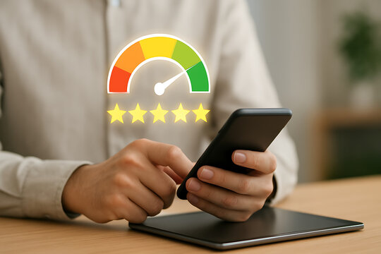Customer holding mobile phone rating a service with five golden stars and a speedometer showing excellent feedback score for product quality satisfaction