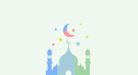 Fototapeta premium Pastel mosque with crescent moon and stars. Islamic design for holy celebration.