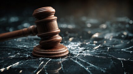 Wooden gavel resting on shattered glass, symbolizing legal implications, broken justice, or a critical judgment. The dramatic setting heightens the sense of finality.