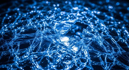 A close-up view of a shattered glass surface with intricate cracks and reflections creating a complex pattern of light and shadow