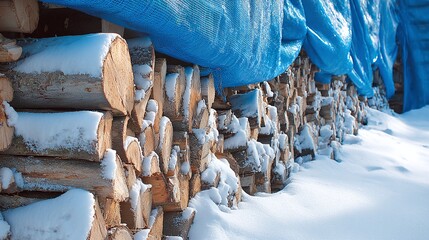 A woodpile covered in snow and a blue tarp, showing winter's grip.  Logs are neatly stacked and waiting for the cold season to pass. Nature's beauty shown by crisp colors