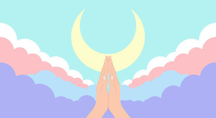 Hands in prayer with moon and clouds, symbolizing hope, faith, and spirituality.
