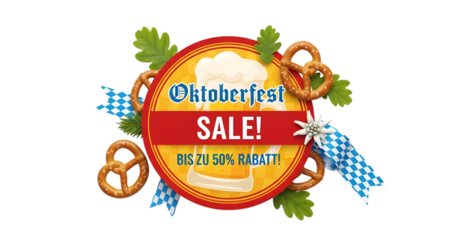 Oktoberfest sale with beer, pretzels, and up to 50 discount isolated on transparent background