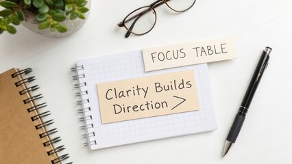 Organized workspace with notes and tools emphasizing clarity, focus, and direction for productivity and goal setting
