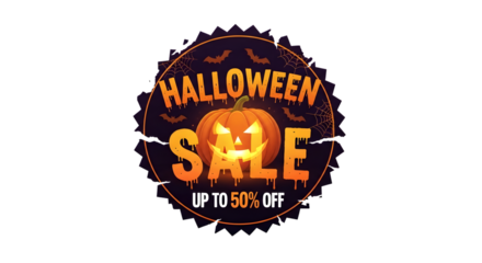 Halloween sale sticker isolated on transparent background with up to 50 off
