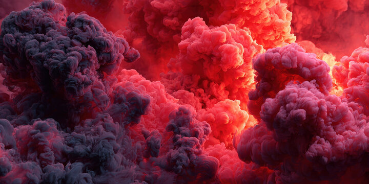 Red and black smoke clouds swirling dynamically against a vivid red background