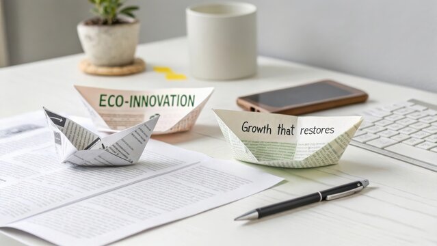 Paper boats representing eco-innovation and growth strategies on a modern desk with stationery and a smartphone