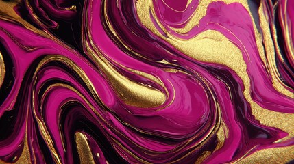 Swirling pink magenta gold paint liquid fluid creating abstract art