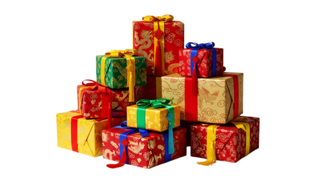 Pile of colorful gift boxes isolated on transparent background for celebration