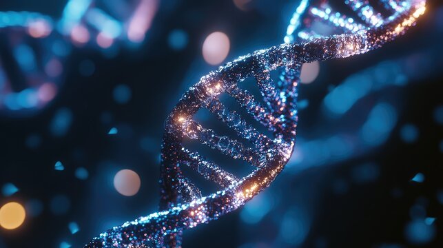 Dna double helix structure glowing with genetic data - Powered by Adobe
