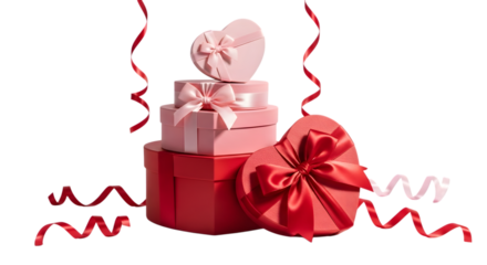 Stack of pink and red heart shaped gift boxes isolated on transparent background