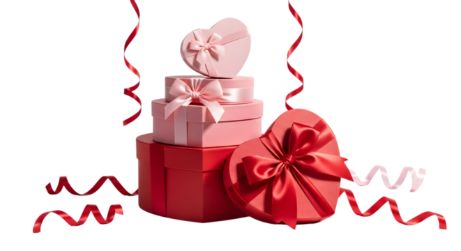 Stack of pink and red heart shaped gift boxes isolated on transparent background