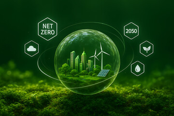 A crystal clear globe containing a sustainable city with wind turbines and solar panels, surrounded by icons for net zero, 2050, cloud, leaf, and water, symbolizing climate action and green energy