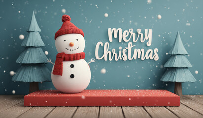Blue Christmas background with podium, green tree, snowman, and red banner