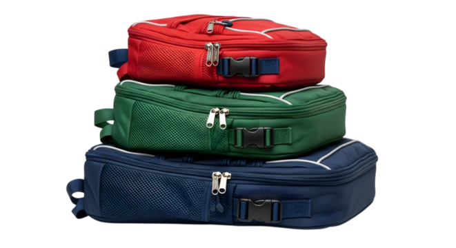 Stack of three insulated lunchboxes isolated on transparent background for picnic