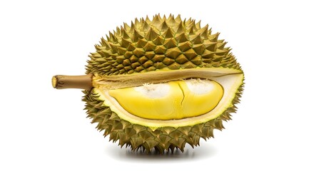 Durian fruit cut open showing creamy yellow flesh and spiky skin