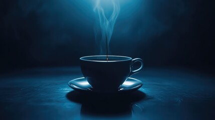 Pouring hot steaming coffee into dark blue cup