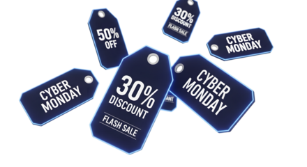Cyber monday sale tags isolated on transparent background with different discounts