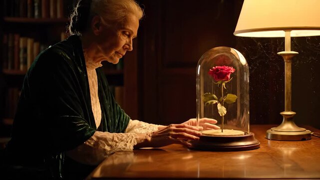 Elder woman tending glass rose dome. She touch rose with gentle care. Nostalgia and vintage mood fill table by lamp. Quiet reflection captured in warm light. Calm solitude invites deep memory. Time.