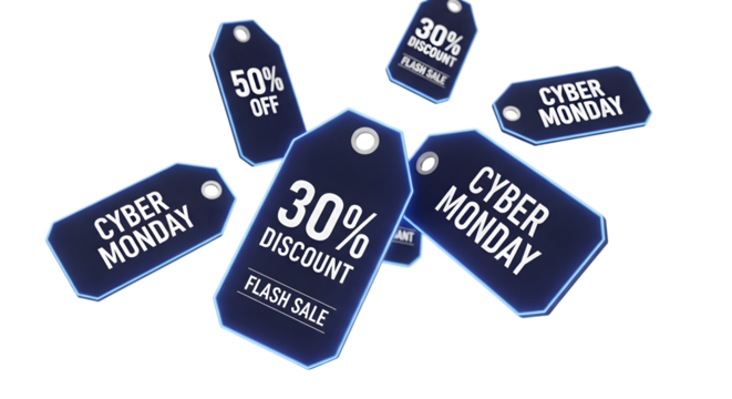 Cyber monday sale tags isolated on transparent background with different discounts