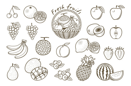 果物　フルーツ　線画イラスト　アイコンセット