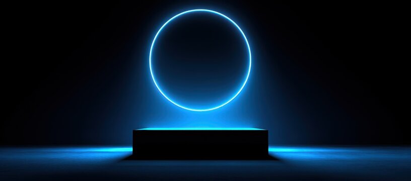 Vibrant photo of futuristic pedestal for product presentation with neon circle light