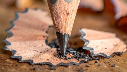 Close-up detail of a sharpened graphite pencil point with wooden shavings, symbolizing creativity and education
