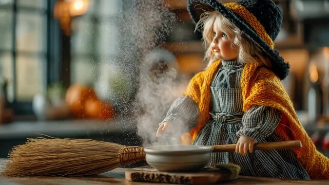Enchanting witch doll brews magical potion in cozy kitchen with steam rising and broom nearby, perfect for Halloween or fantasy themes