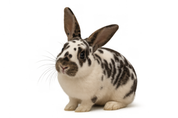 Spotted white and black rabbit, a domestic animal, sitting and looking forward with transparent background