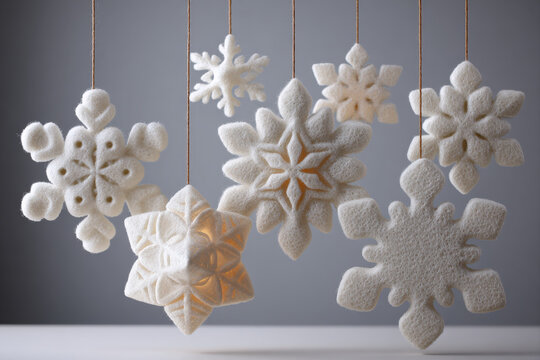 White snowflake ornaments with hanging threads viewed from above, arranged evenly