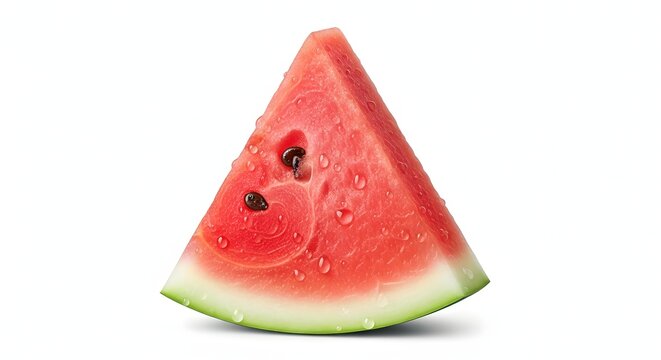 Slice of fresh watermelon with water drops on white background
