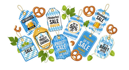 Oktoberfest sale tags with pretzels and beer isolated on transparent background