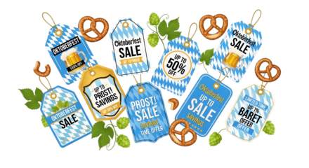 Oktoberfest sale tags with pretzels and beer isolated on transparent background