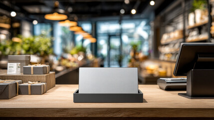 Blank rectangular counter mat mockup on cashier desk in retail environment