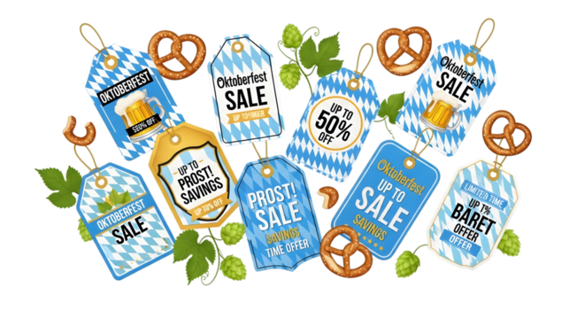 Oktoberfest sale tags with pretzels and beer isolated on transparent background - Powered by Adobe