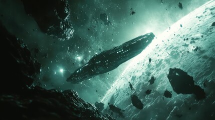 Fototapeta premium Futuristic spaceship navigating through a luminous asteroid field