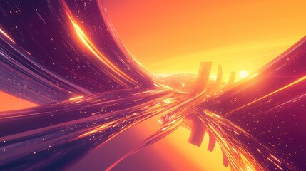 Abstract glowing data stream moving in futuristic landscape