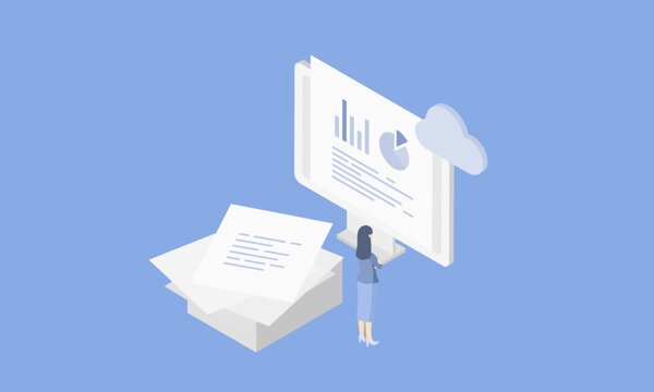 DXを推進するビジネスパーソンのアイソメトリックなベクターイラスト。山積みの書類を電子化してペーパーレス。Digital Transformation